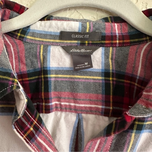 Eddie Bauer Plaid Classic‎ Fit Flannel Shirt Women's White Blue Red Black Medium - Picture 8 of 13
